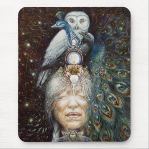 native american woman with owl and peacock mouse mat