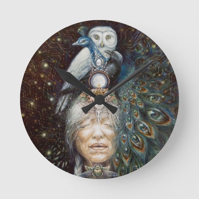 native american woman with owl and peacock round clock (Front)