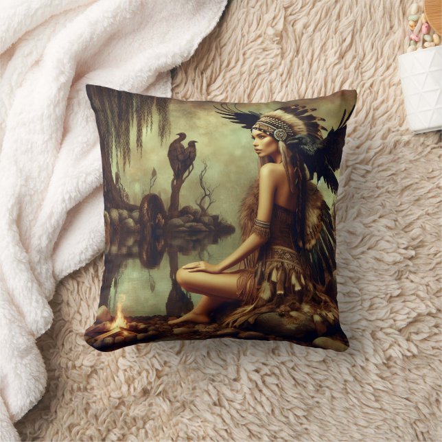 Native American Woman With Raven By A Campfire Cushion (Blanket)
