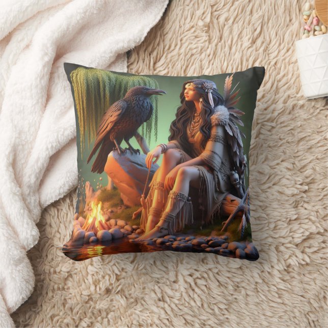 Native American Woman With Raven by Water at Dusk Cushion (Blanket)
