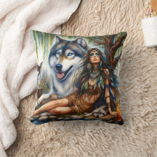 Native American Woman With Wolf By The River Cushion