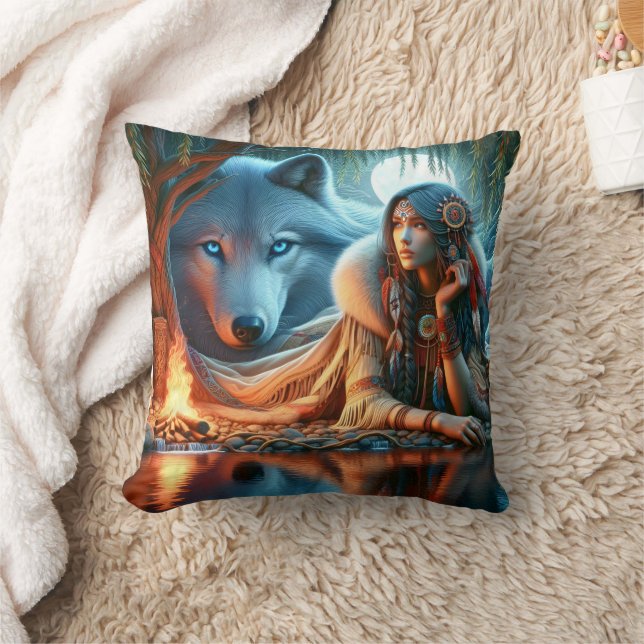 Native American Woman With Wolf By The Water Cushion (Blanket)