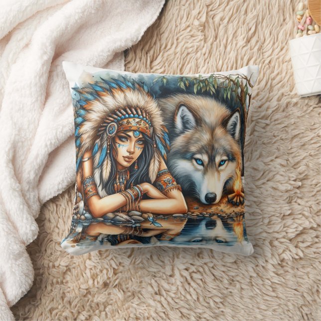 Native American Woman With Wolf By Tranquil Water Cushion (Blanket)