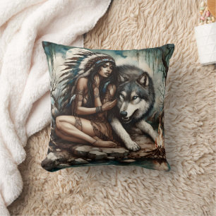 Native American Woman With Wolf Near Campfire Cushion