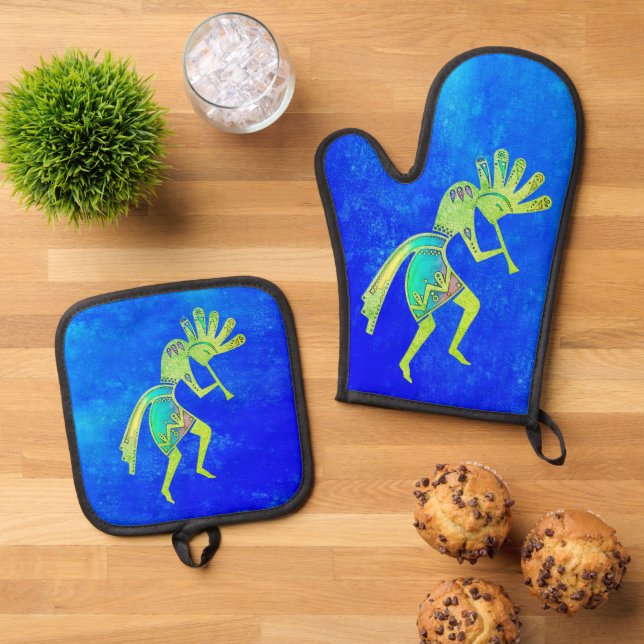 Native Americans Culture - Dancing Kokopelli 6a Oven Mitt & Pot Holder Set (Top Down)