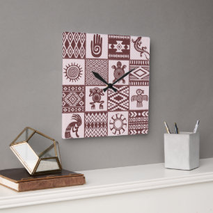 Native Americans Ethnic Symbols Brown Pattern Square Wall Clock