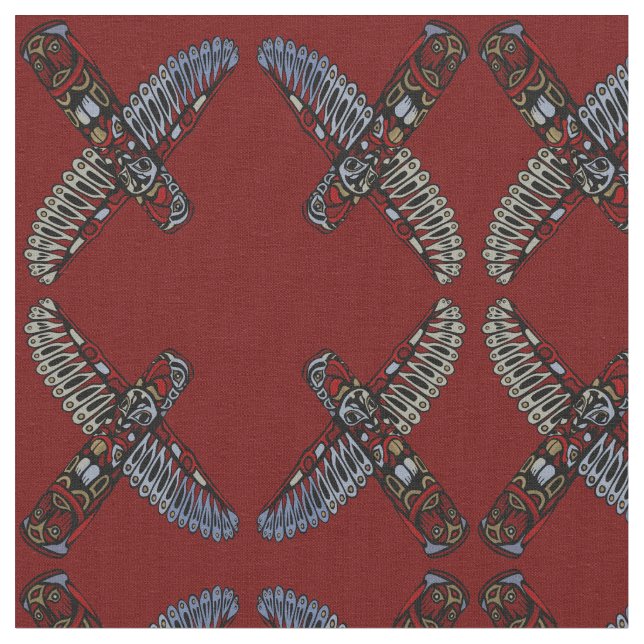 Native Art Fabric Eagle Totem Pole Tribal Fabric (Close Up)