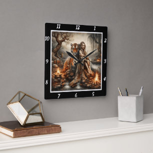 Native Awakening: Tiger's Roar Forest's Light Square Wall Clock