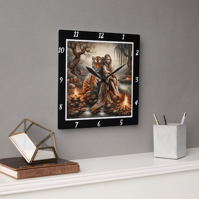 Native Awakening: Tiger's Roar Forest's Light Square Wall Clock (Office)