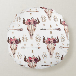 Native bull skul and arrows tribal seamless patter round cushion