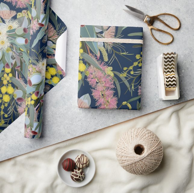 Native Bush Blooms Royal Blue Wrapping Paper (Crafts)