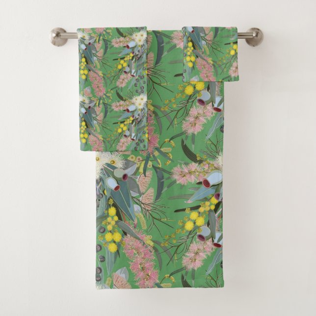 Native Bush Blooms Summer Green Bath Towel Set (Insitu)