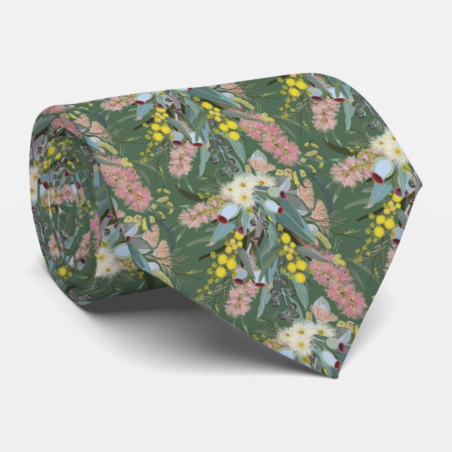 Native Bush Blooms Vintage Green Tie (Rolled)
