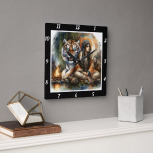 Native Calm: Tiger's Presence Forest Dawn Square Wall Clock