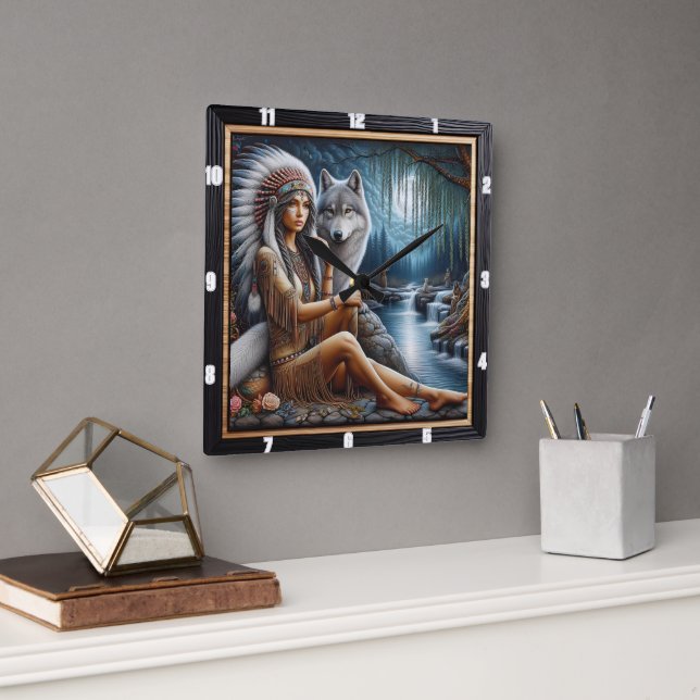 Native Dawn Light: Still Pond Spirit Square Wall Clock (Office)