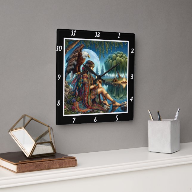 Native Dreams: Eagle's Wings Moon's Radiance Square Wall Clock (Office)