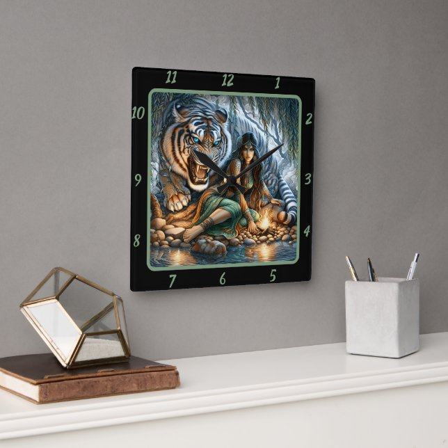Native Embrace: Sacred Stones Tiger's Calm Square Wall Clock (Office)
