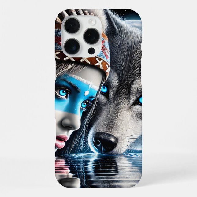 Native Indian and Wolf Reflection Scene iPhone Case (Back)
