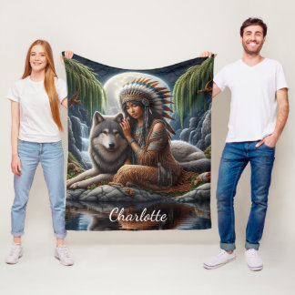 Native Indian and wolf share moonlight Fleece Blanket