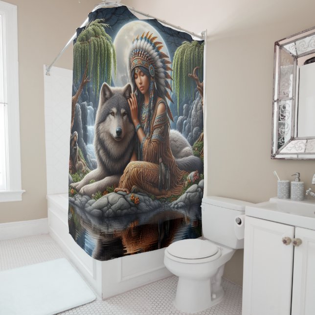 Native Indian and wolf share moonlight Shower Curtain (In Situ)