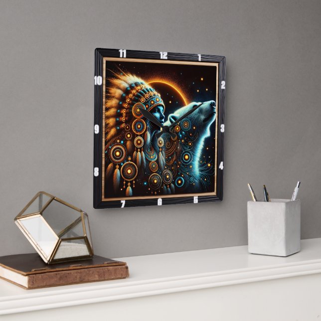 Native Indian Connection Between Spirit and Nature Square Wall Clock (Office)