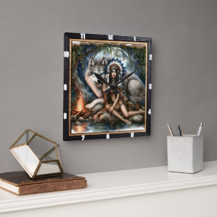 Native Indian Earth Clock: The Silent Bond Square Wall Clock