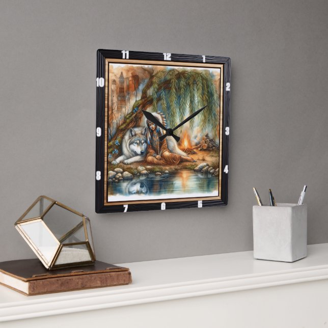 Native Indian Forest : A Moment of Stillness Square Wall Clock (Office)