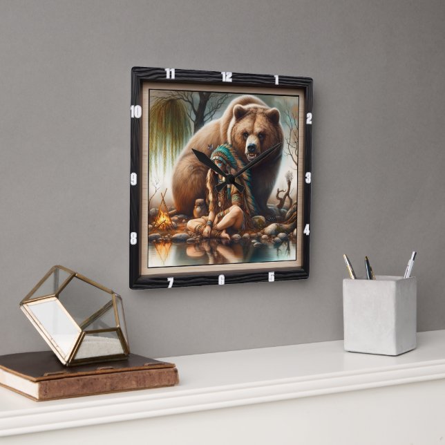 Native Indian Girl Bear Harmony Square Wall Clock (Office)
