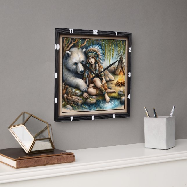 Native Indian Girl Bear Nature  Square Wall Clock (Office)