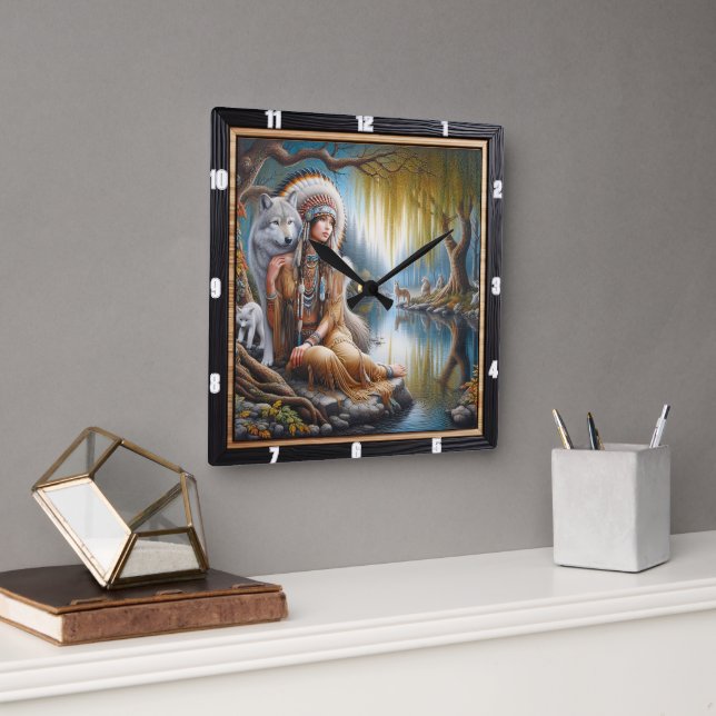 Native Indian Harmony: Firelight's Embrace Square Wall Clock (Office)
