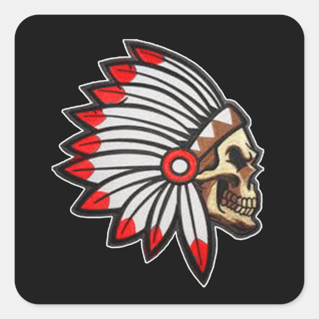 Native indian red featehrs skull silhoutte square sticker (Front)