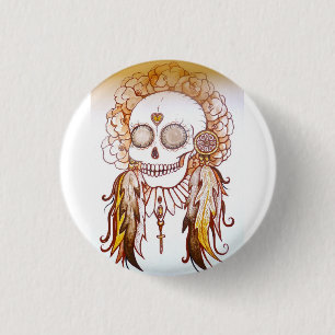 Native indian skull & flower head dress pin badge