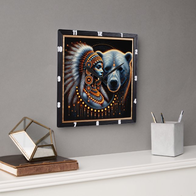 Native Indian Spirit and Nature in Art Square Wall Clock (Office)
