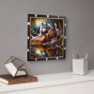 Native Indian Spirit Time: Campfire's Glow Square Wall Clock