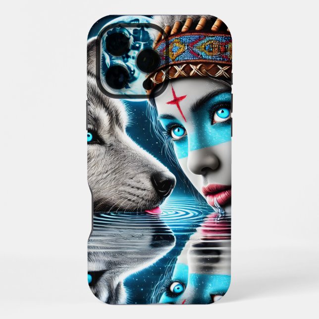 Native Indian Warrior and Wolf Reflections iPhone Case (Back)