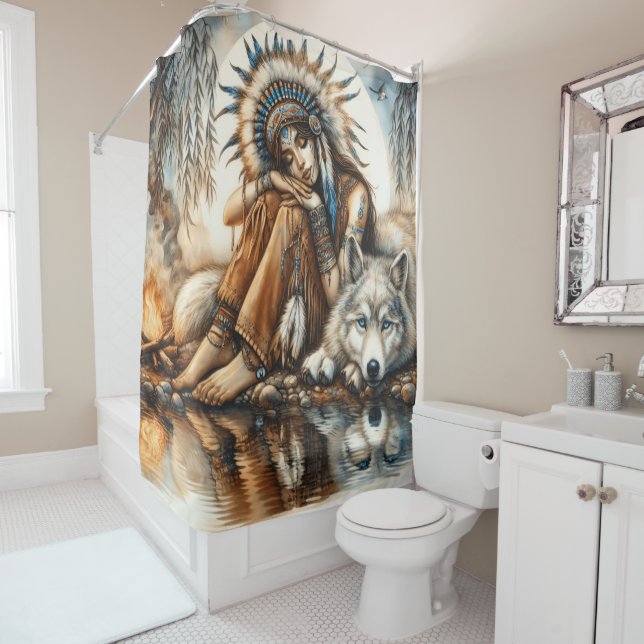 Native Indian woman and wolf by the serene water Shower Curtain (In Situ)