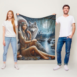 Native Indian woman and wolf by the tranquil river Fleece Blanket