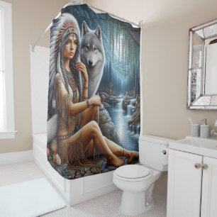 Native Indian woman and wolf by the tranquil river Shower Curtain
