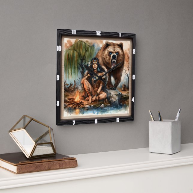 Native Indian Woman Bear Art Square Wall Clock (Office)