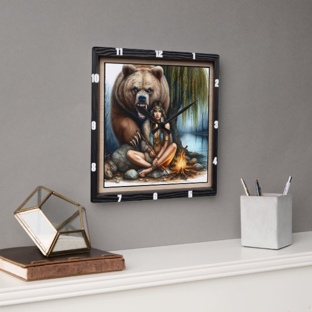 Native Indian Woman Bear Rock Square Wall Clock (Office)