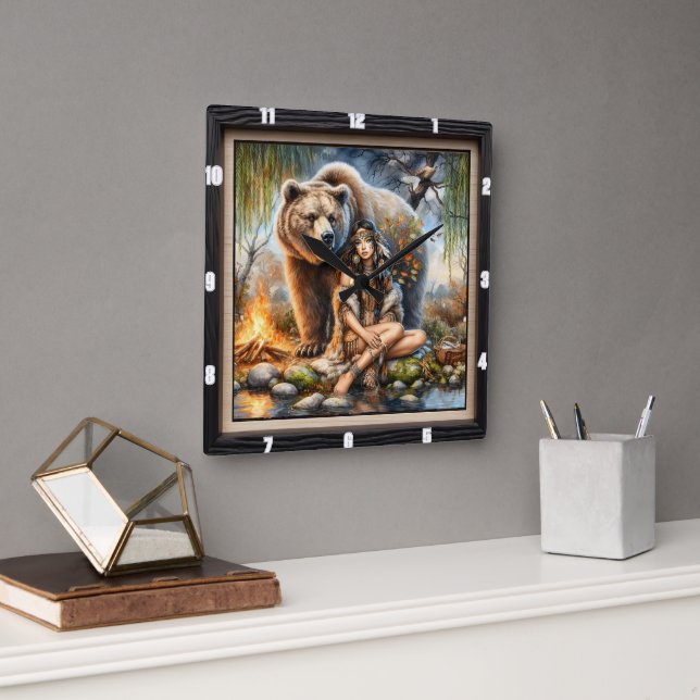 Native Indian Woman Bear Wilderness  Square Wall Clock (Office)