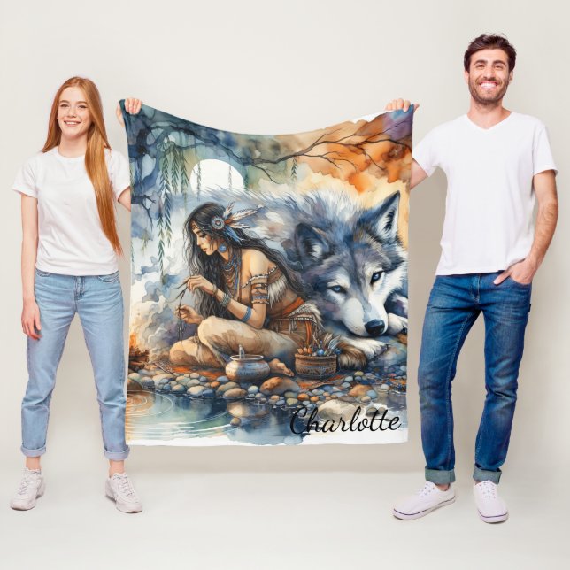 Native Indian woman crafts by the river at dusk Fleece Blanket (In Situ)