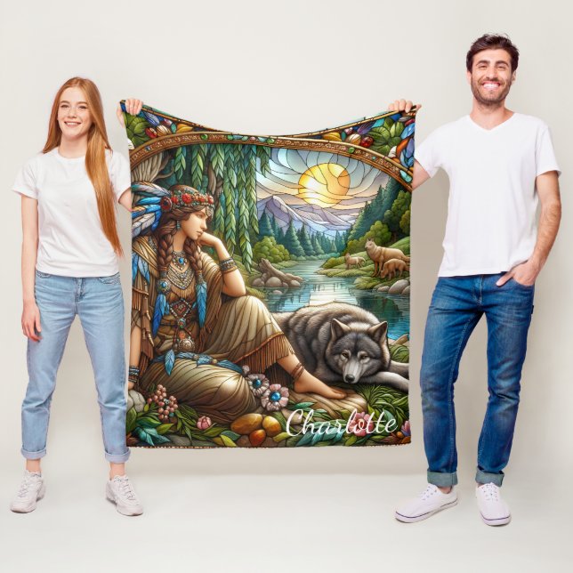 Native Indian woman peacefully rests with a wolf Fleece Blanket (In Situ)