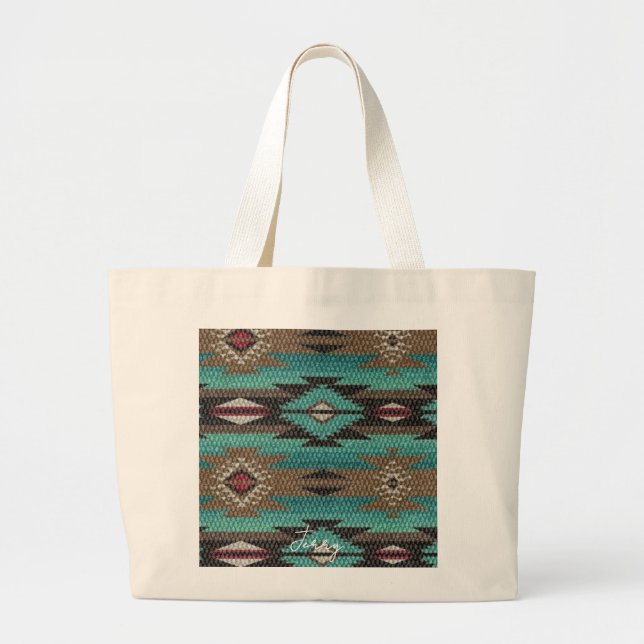 Native Inspired Textured Print Turquoise Red Large Tote Bag (Front)