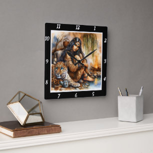 Native Lore: Tiger's Eyes Moon's Reflection Square Wall Clock