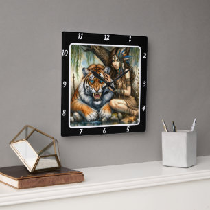 Native Majesty: Tiger's Gaze River Calm Square Wall Clock