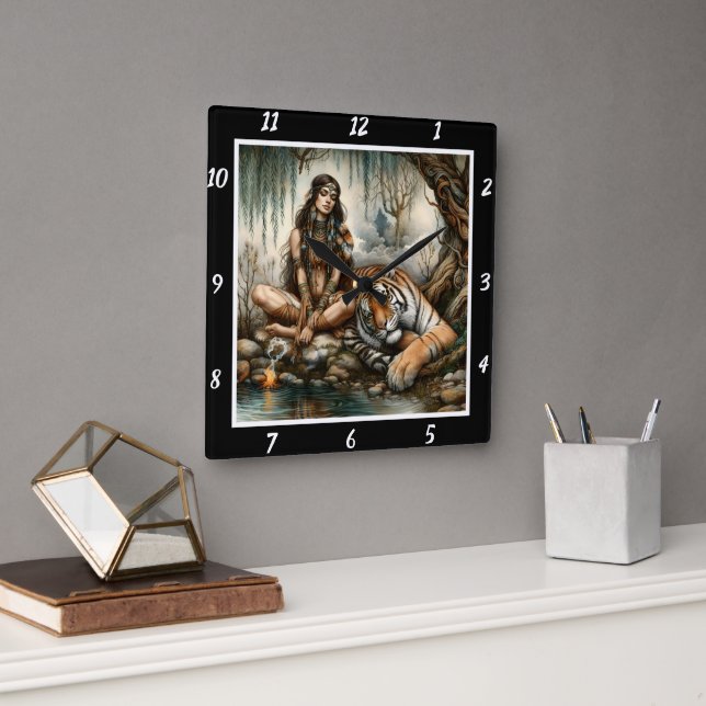 Native Majesty: Tiger's Stance River's Glint Square Wall Clock (Office)