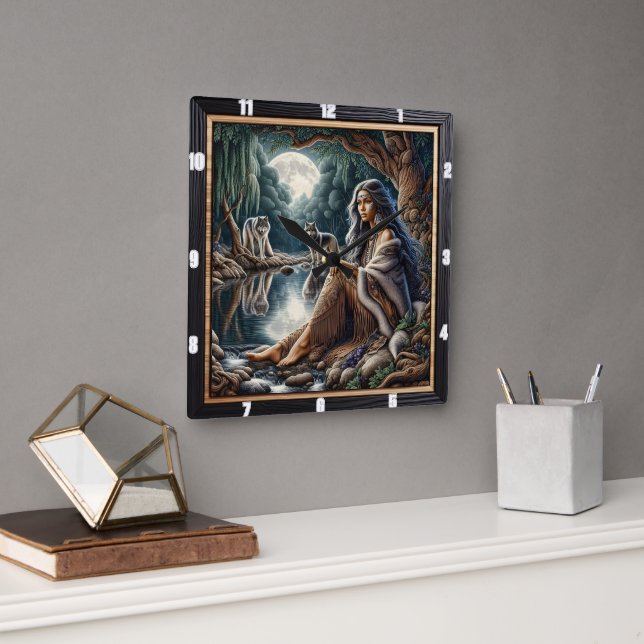 Native Moonlit Glade: Wisdom Keeper Art Square Wall Clock (Office)