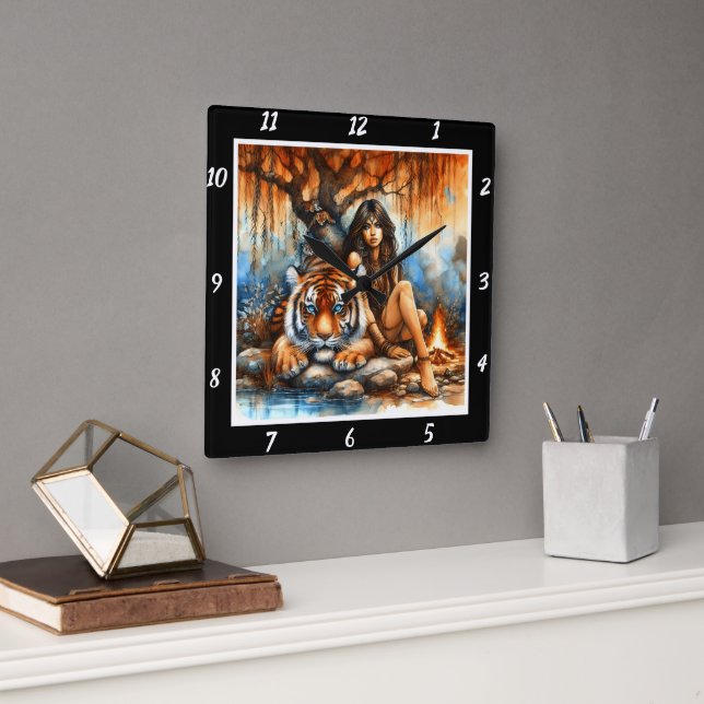 Native Paths: Tiger's Tracks Willow's  Square Wall Clock (Office)