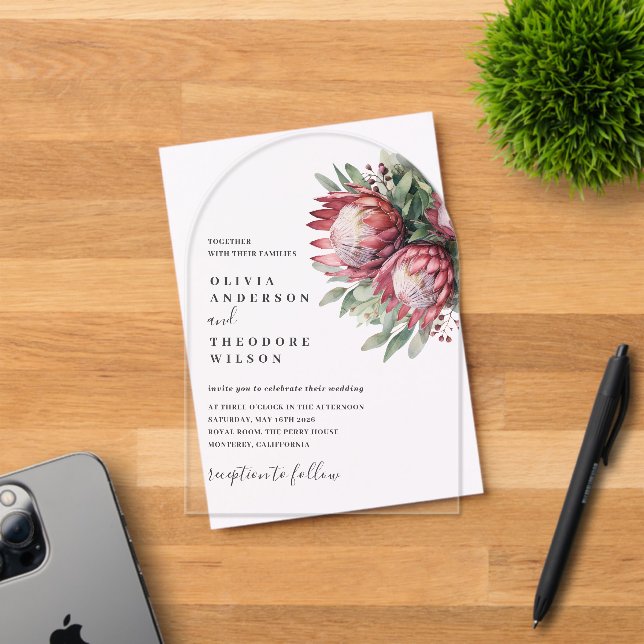 Native Protea Watercolor Floral Boho Botanical Acrylic Invitations (Insitu (Invitation Card))